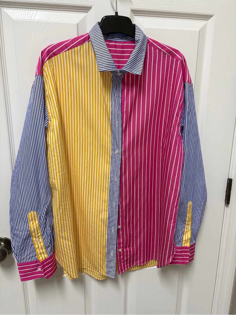 J. McLaughlin Striped Panel Button-Down Shirt — Pink, Yellow & Blue